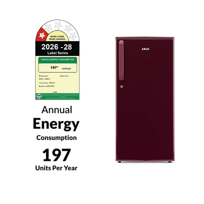 Akai 180L, 1 Star, Single Door Direct Cool Refrigerator (Solid Plain Wine) (AKDE1801-NSPW)