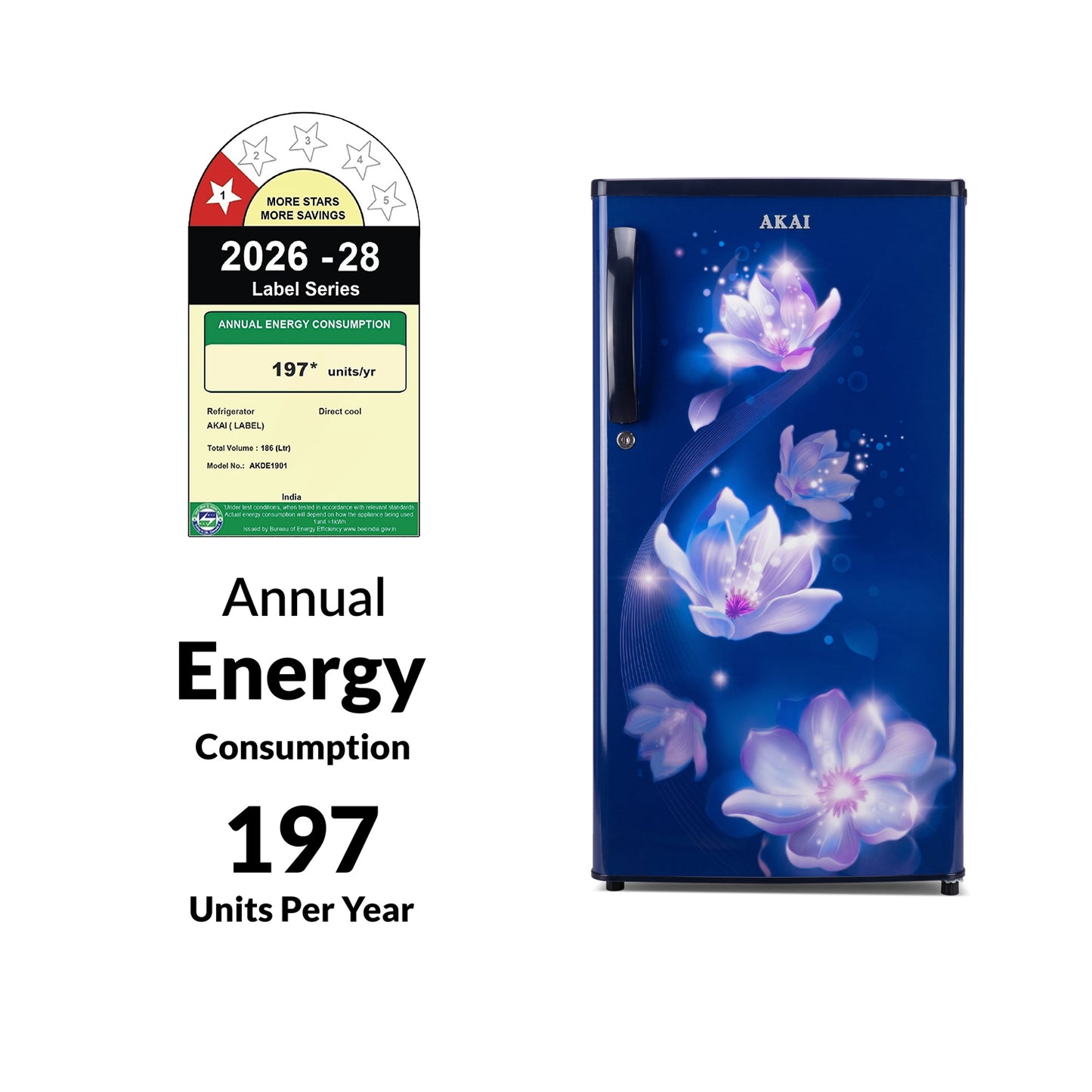 Akai 186L, 3 Star, Single Door Direct Cool Refrigerator (Point Flower Blue) (AKDE1903-NPFB)