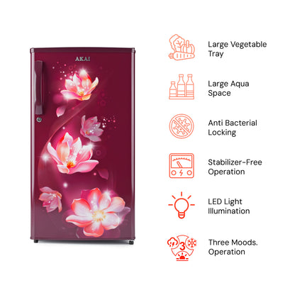 Akai 186L, 1 Star, Single Door Direct Cool Refrigerator (Point Flower Wine) (AKDE1901-NPFW)