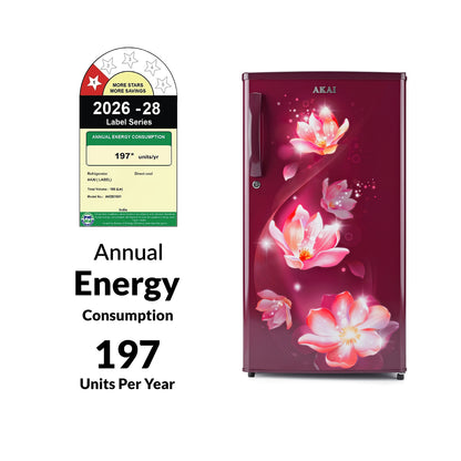 Akai 186L, 1 Star, Single Door Direct Cool Refrigerator (Point Flower Wine) (AKDE1901-NPFW)
