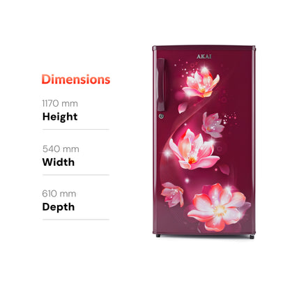 Akai 186L, 1 Star, Single Door Direct Cool Refrigerator (Point Flower Wine) (AKDE1901-NPFW)