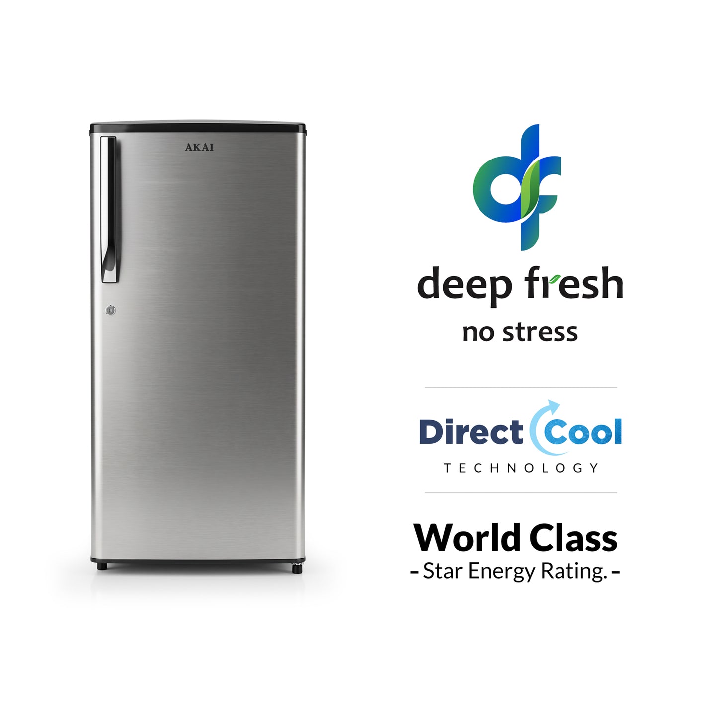 Akai 186L, 1 Star, Single Door Direct Cool Refrigerator (Stainless Steel) (AKDE1901-NSS)