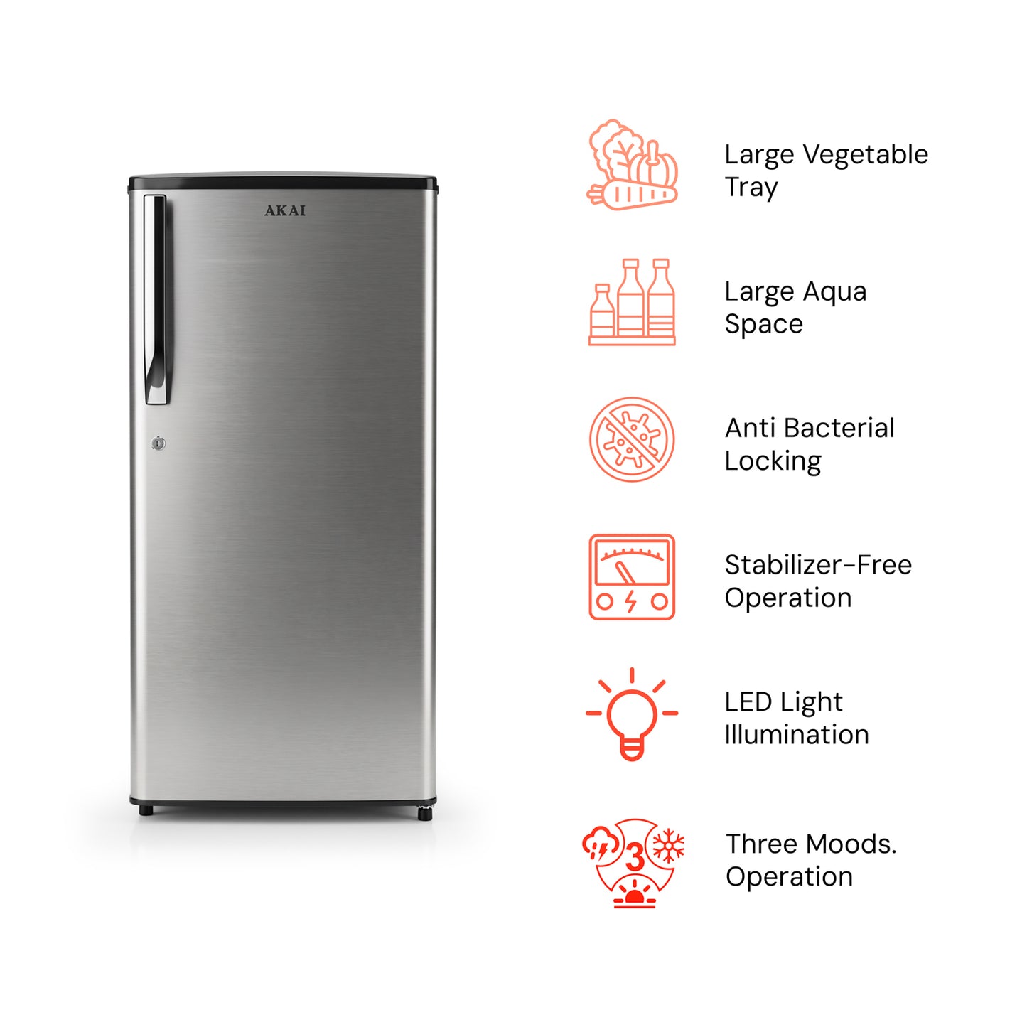 Akai 186L, 1 Star, Single Door Direct Cool Refrigerator (Stainless Steel) (AKDE1901-NSS)