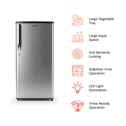 Akai 186L, 1 Star, Single Door Direct Cool Refrigerator (Stainless Steel) (AKDE1901-NSS)