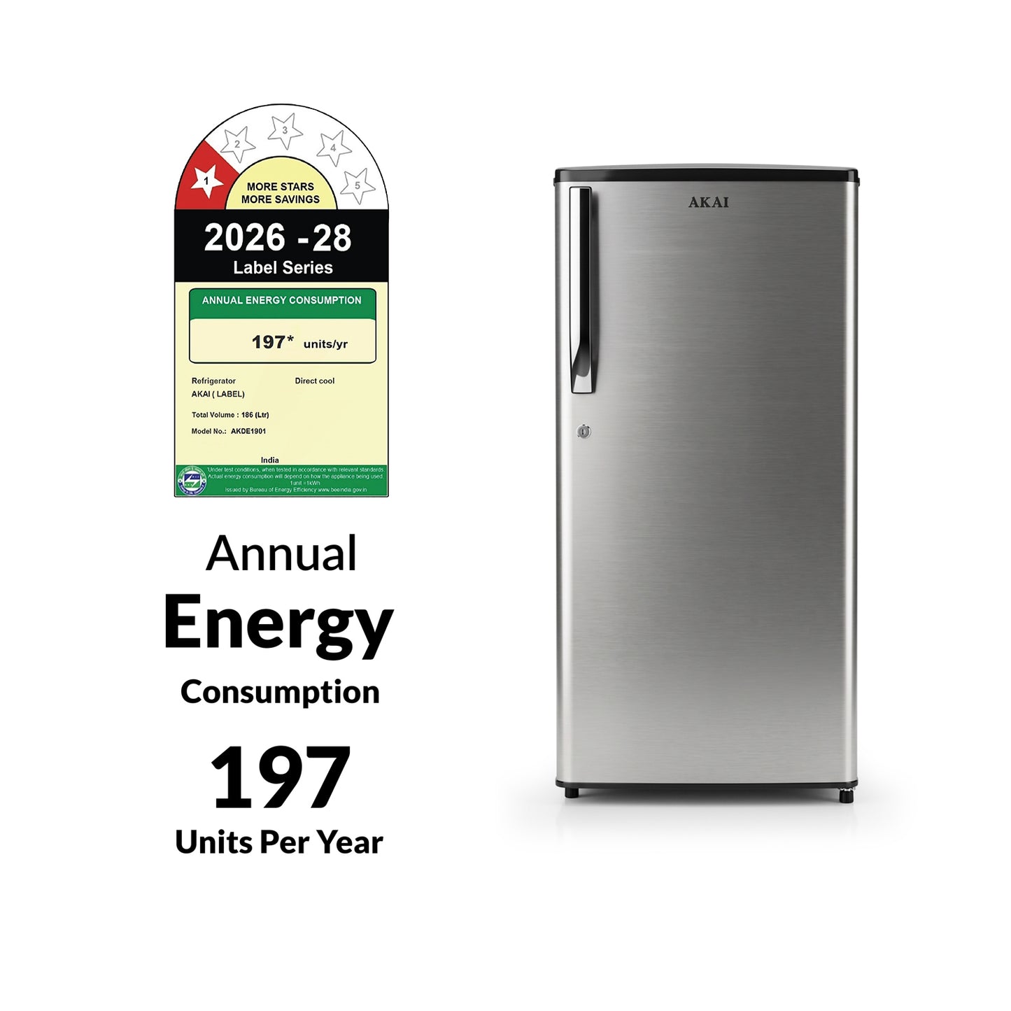 Akai 186L, 1 Star, Single Door Direct Cool Refrigerator (Stainless Steel) (AKDE1901-NSS)