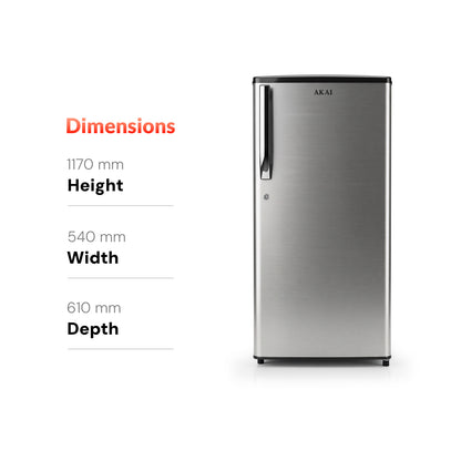 Akai 186L, 1 Star, Single Door Direct Cool Refrigerator (Stainless Steel) (AKDE1901-NSS)