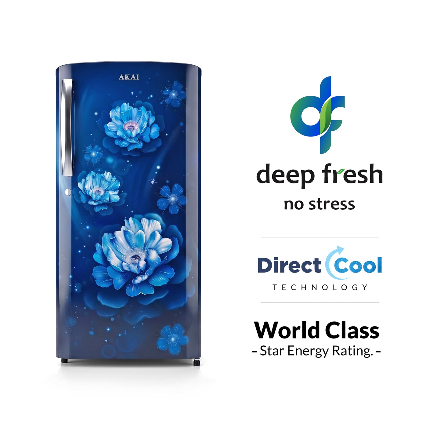 Akai 186L, 3 Star, Single Door Direct Cool Refrigerator (Glass Point Flower Blue) (AKDE1903-GPFB)