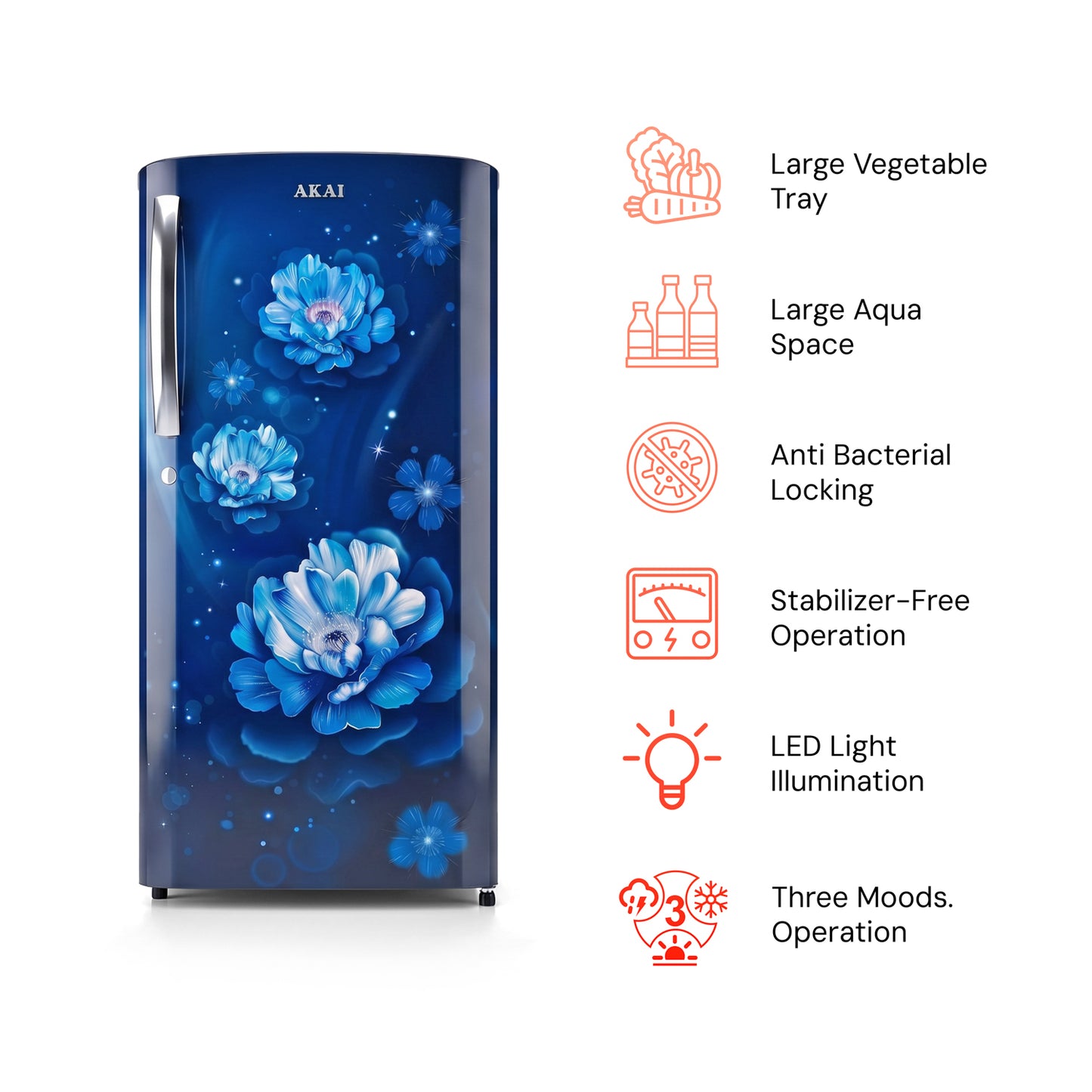 Akai 186L, 1 Star, Single Door Direct Cool Refrigerator (Glass Point Flower Blue) (AKDE1901-GPFB)