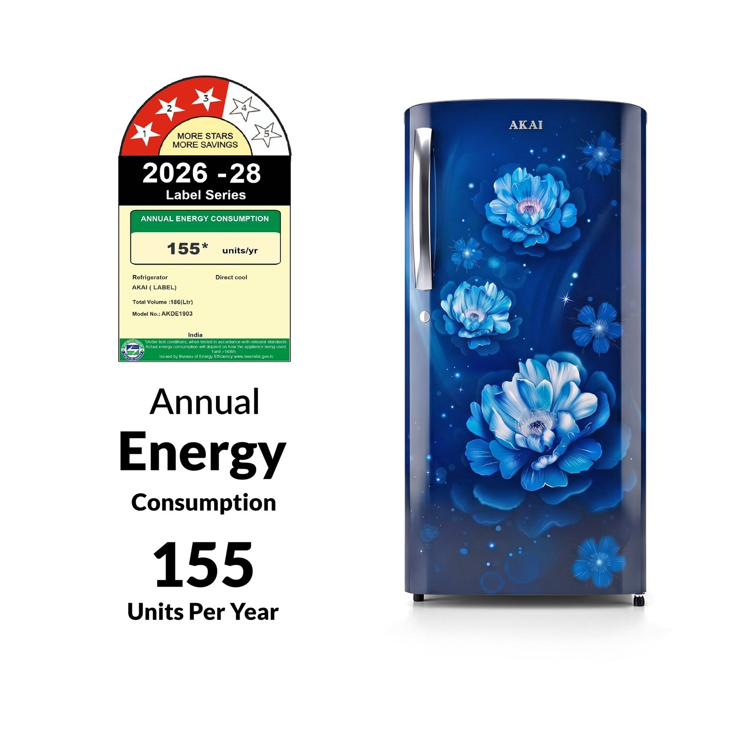 aki69 Akai 186L, 3 Star, Single Door Direct Cool Refrigerator (Glass