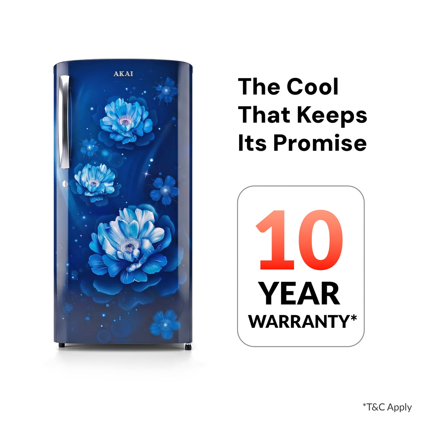Akai 186L, 1 Star, Single Door Direct Cool Refrigerator (Glass Point Flower Blue) (AKDE1901-GPFB)