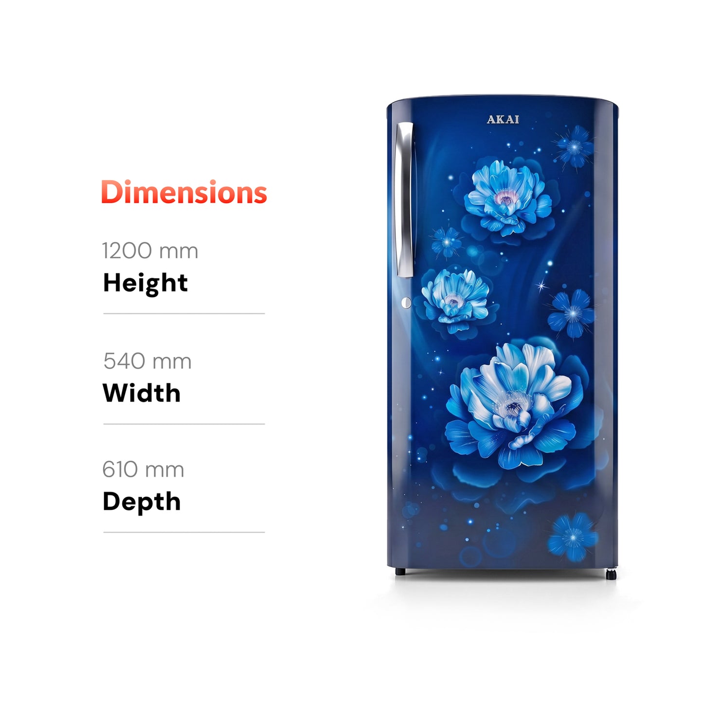 Akai 186L, 3 Star, Single Door Direct Cool Refrigerator (Glass Point Flower Blue) (AKDE1903-GPFB)