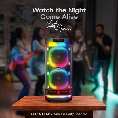 AKAI PM-1400Max Wireless Party Speaker |140W RMS | 8'' x 2 Woofer | Karaoke |Guitar Input | RGB LED Lights | Digital Display |TWS Function