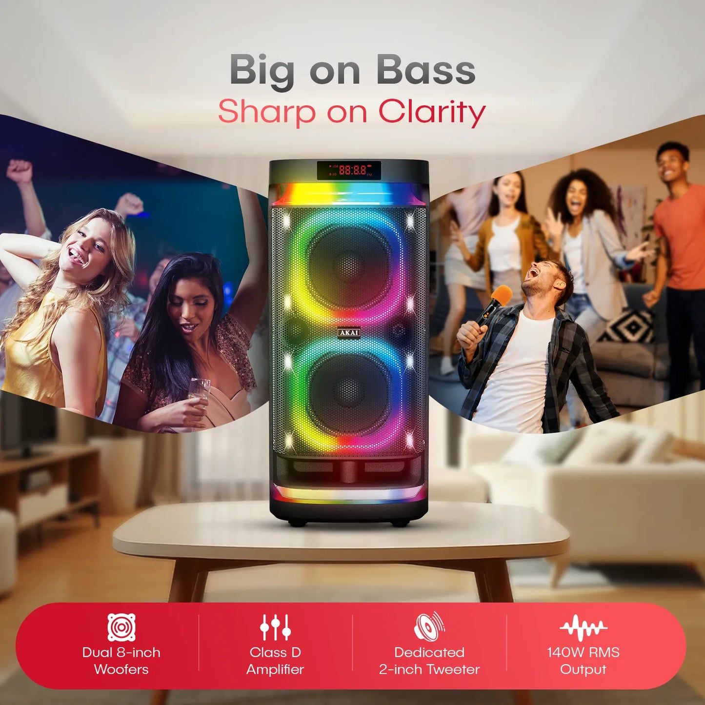 AKAI PM-1400Max Wireless Party Speaker |140W RMS | 8'' x 2 Woofer | Karaoke |Guitar Input | RGB LED Lights | Digital Display |TWS Function