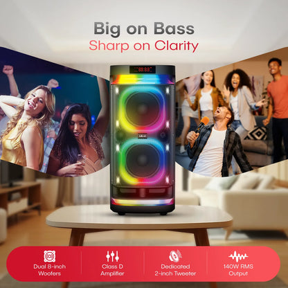 AKAI PM-1400Max Wireless Party Speaker |140W RMS | 8'' x 2 Woofer | Karaoke |Guitar Input | RGB LED Lights | Digital Display |TWS Function