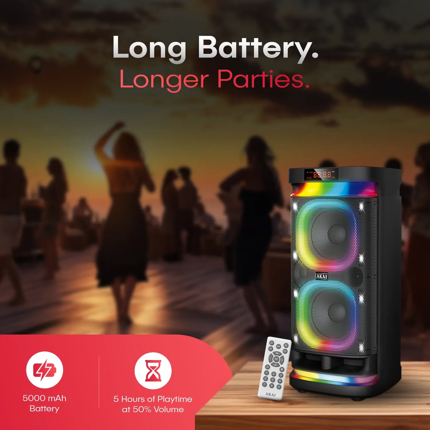 AKAI PM-1400Max Wireless Party Speaker |140W RMS | 8'' x 2 Woofer | Karaoke |Guitar Input | RGB LED Lights | Digital Display |TWS Function