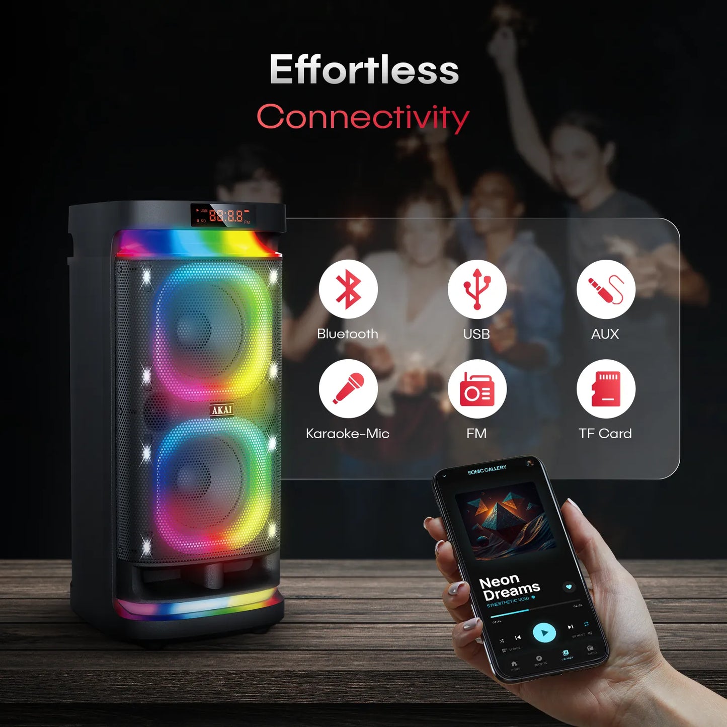 AKAI PM-1400Max Wireless Party Speaker |140W RMS | 8'' x 2 Woofer | Karaoke |Guitar Input | RGB LED Lights | Digital Display |TWS Function