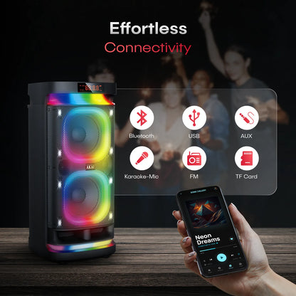 AKAI PM-1400Max Wireless Party Speaker |140W RMS | 8'' x 2 Woofer | Karaoke |Guitar Input | RGB LED Lights | Digital Display |TWS Function