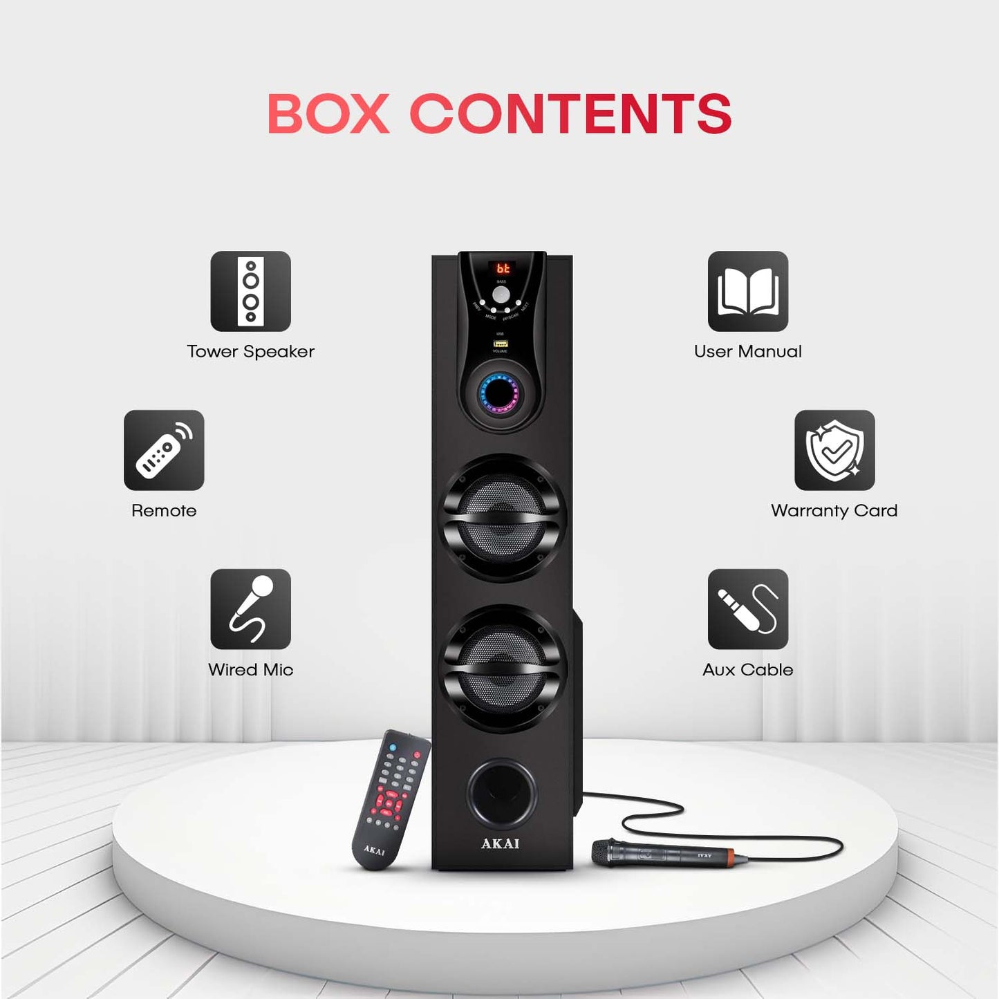 AKAI TWS-600Max Bluetooth Tower Speaker with Wired Mic |60W RMS | 5.25'' Woofer | Karaoke | FM |AKAI India