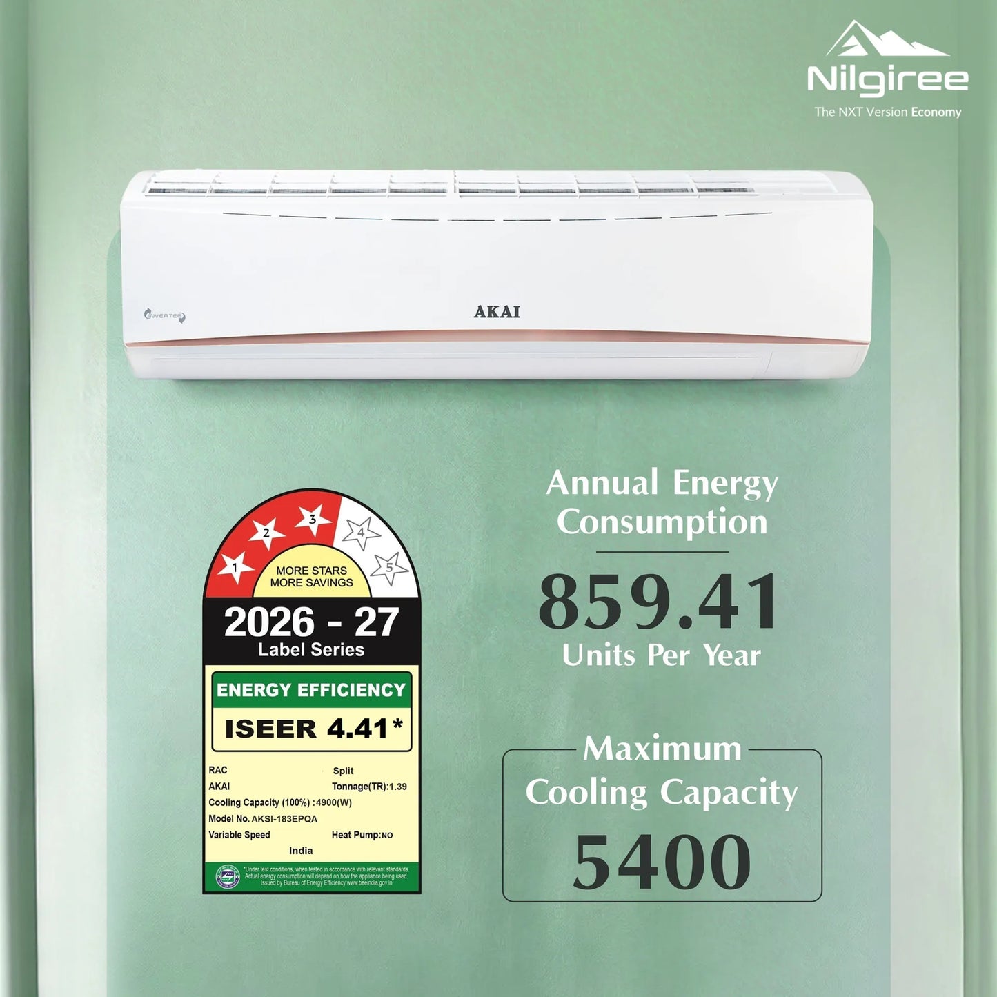 Akai Nilgiree 1.5 Ton 3-Star Inverter AC, Flexi Mode 9-in-1, (Cools at 55°C degrees, 100% Copper, AKSI-183EPQA, 2026 Model)