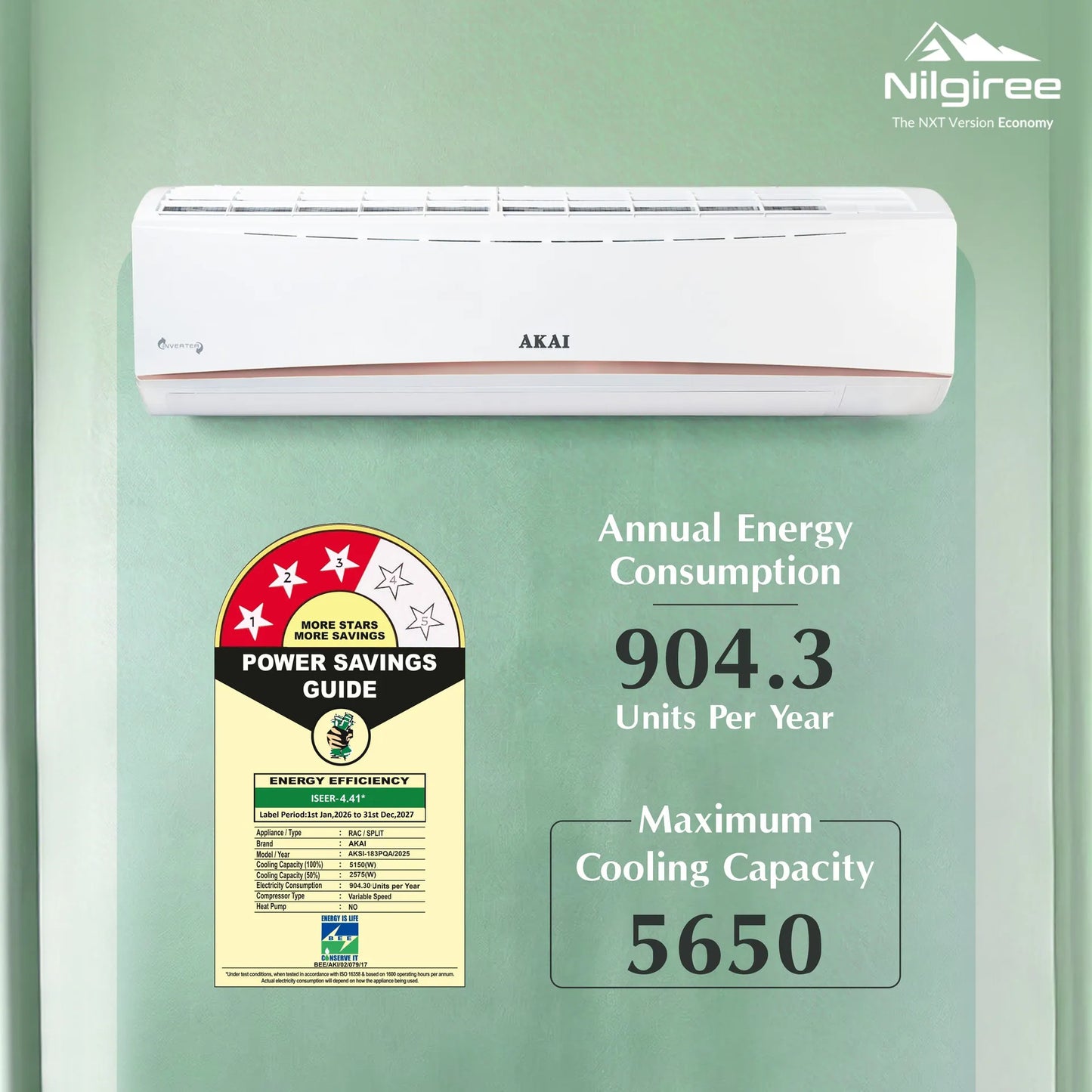 Akai Nilgiree 1.5 Ton 3-Star Inverter AC, Flexi Mode 9-in-1, (Cools at 55°C degrees, 100% Copper, AKSI-183PQA, 2026 Model)