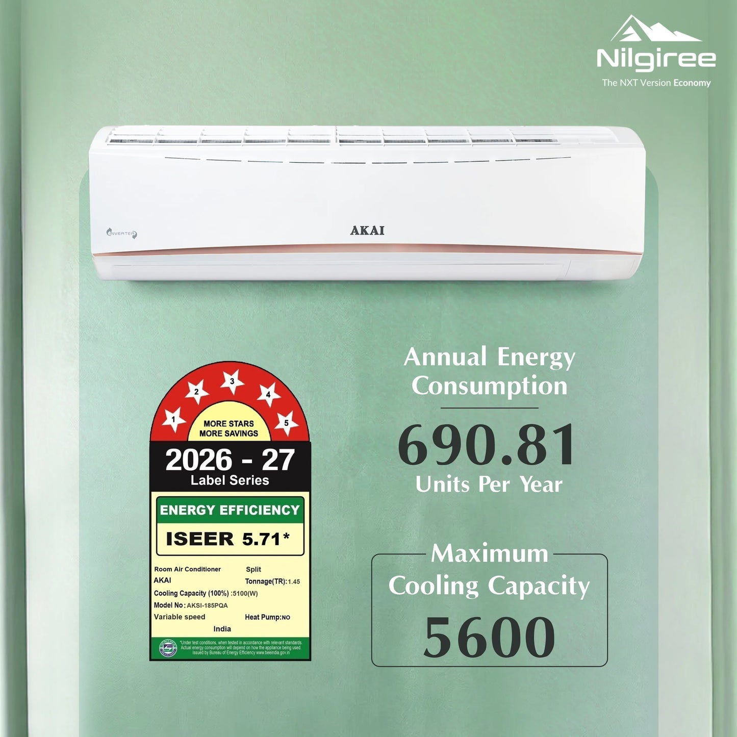 Akai Nilgiree 1.5 Ton 5-Star Inverter AC, Flexi Mode 9-in-1,(Cools at 55°C degrees, 100% Copper, AKSI-185PQA, 2026 Model)