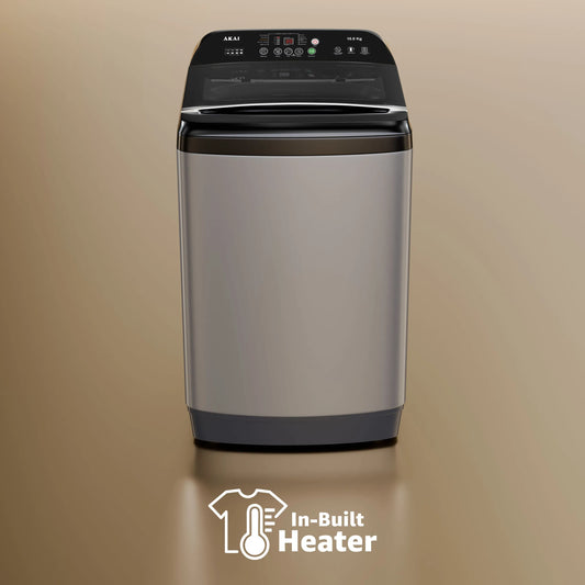 Akai 10Kg, 5 Star, Fully Automatic Top Load Washing Machine with In-Built Heater, Glass Lid, Inox Grey, AFT-100DGG-H