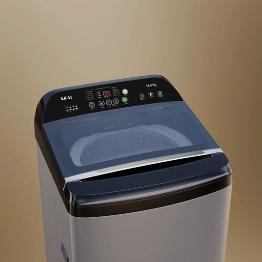Akai 10Kg, 5 Star, Fully Automatic Top Load Washing Machine with In-Built Heater, Glass Lid, Inox Grey, AFT-100DGG-H