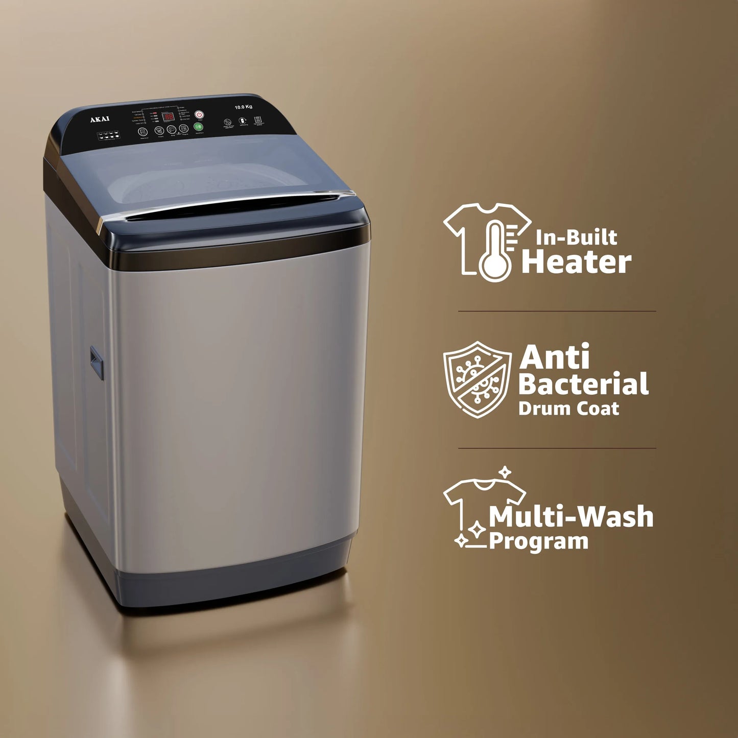 Akai 10Kg, 5 Star, Fully Automatic Top Load Washing Machine with In-Built Heater, Glass Lid, Inox Grey, AFT-100DGG-H