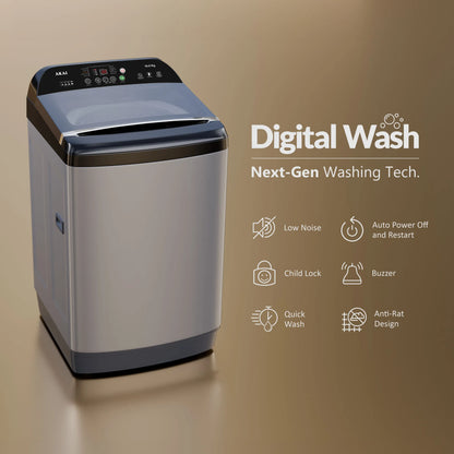 Akai 10Kg, 5 Star, Fully Automatic Top Load Washing Machine with In-Built Heater, Glass Lid, Inox Grey, AFT-100DGG-H