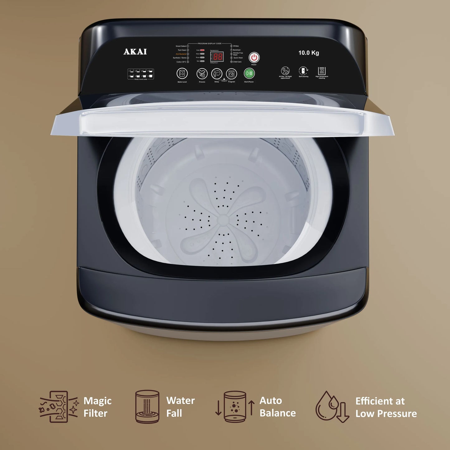Akai 10Kg, 5 Star, Fully Automatic Top Load Washing Machine with In-Built Heater, Glass Lid, Inox Grey, AFT-100DGG-H