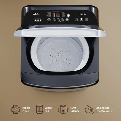 Akai 10Kg, 5 Star, Fully Automatic Top Load Washing Machine with In-Built Heater, Glass Lid, Inox Grey, AFT-100DGG-H
