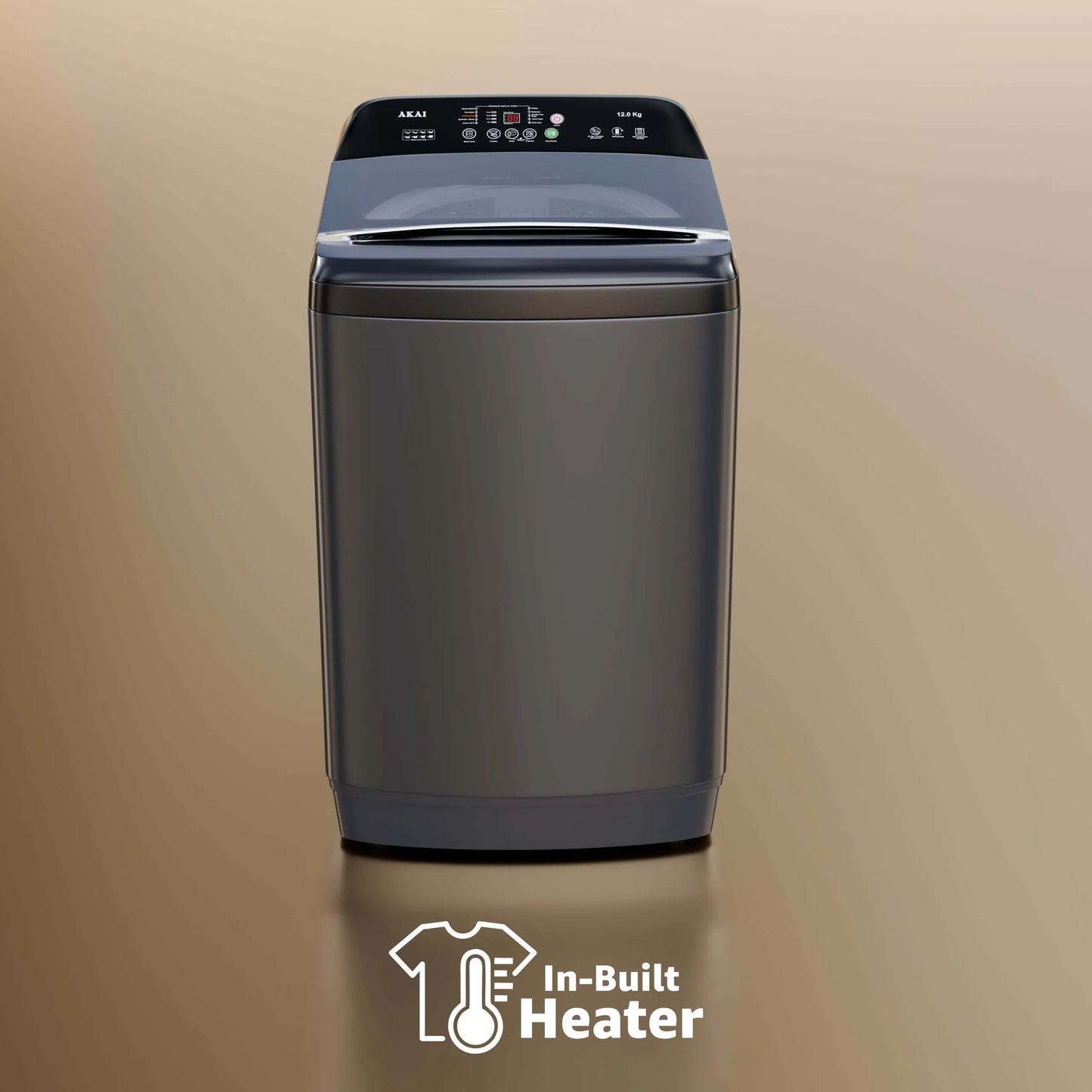Akai 12Kg, 5 Star, Fully Automatic Top Load Washing Machine with In-Built Heater, Glass Lid, Mid Black, AFT-120DBG-H