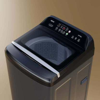 Akai 12Kg, 5 Star, Fully Automatic Top Load Washing Machine with In-Built Heater, Glass Lid, Mid Black, AFT-120DBG-H