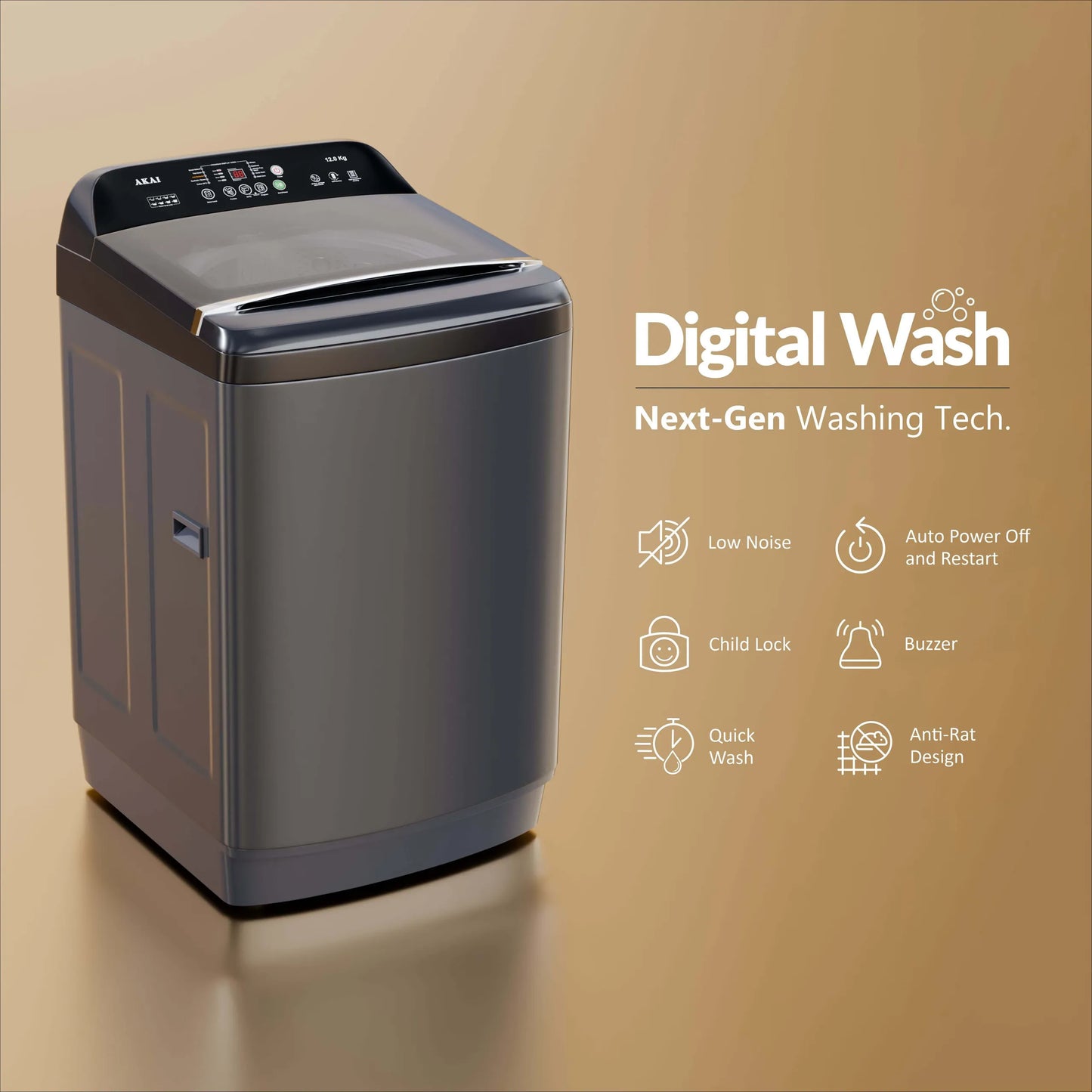 Akai 12Kg, 5 Star, Fully Automatic Top Load Washing Machine with In-Built Heater, Glass Lid, Mid Black, AFT-120DBG-H
