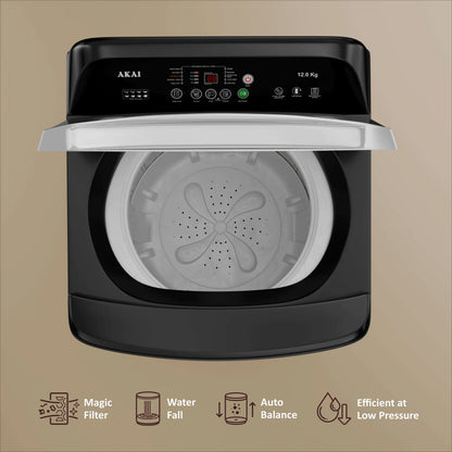 Akai 12Kg, 5 Star, Fully Automatic Top Load Washing Machine with In-Built Heater, Glass Lid, Mid Black, AFT-120DBG-H