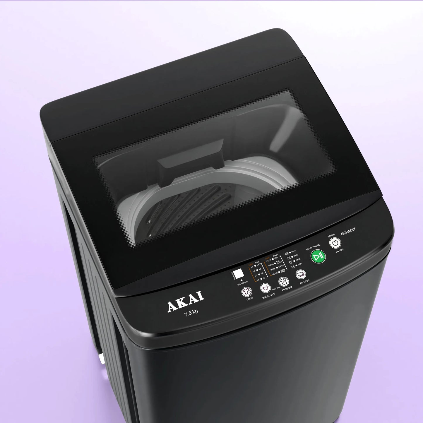 Akai 7.5Kg, 5 Star, Fully Automatic Top Load Washing Machine, Glass Lid, Mid Black, AFT-75DBPG