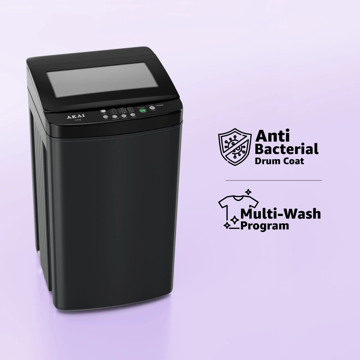 Akai 7.5Kg, 5 Star, Fully Automatic Top Load Washing Machine, Glass Lid, Mid Black, AFT-75DBPG
