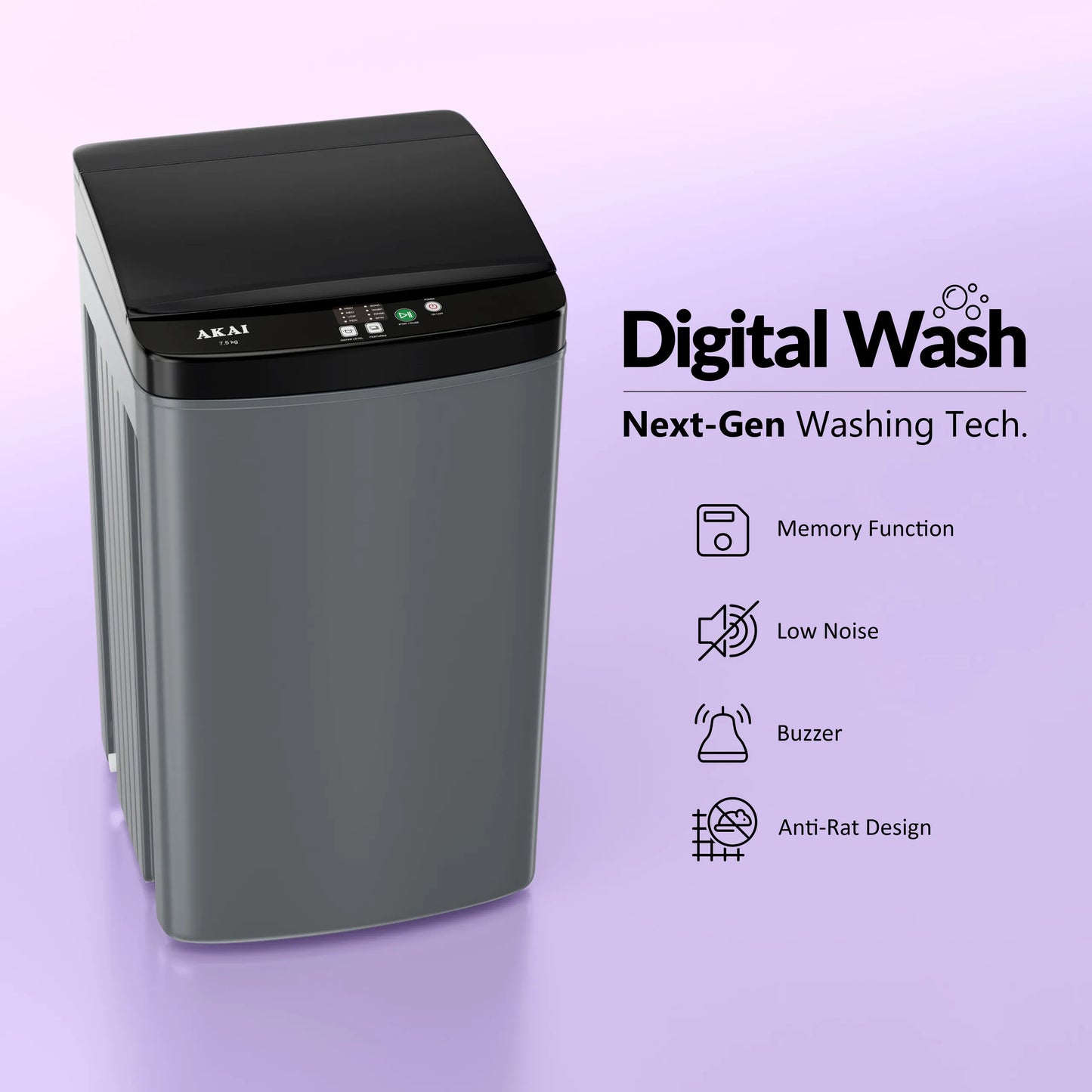 Akai 7.5Kg, 5 Star, Fully Automatic Top Load Washing Machine, Plastic Lid, Inox Grey, AFT-75DGPP