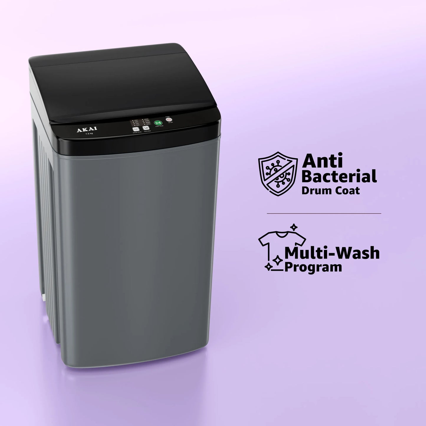 Akai 7.5Kg, 5 Star, Fully Automatic Top Load Washing Machine, Plastic Lid, Inox Grey, AFT-75DGPP