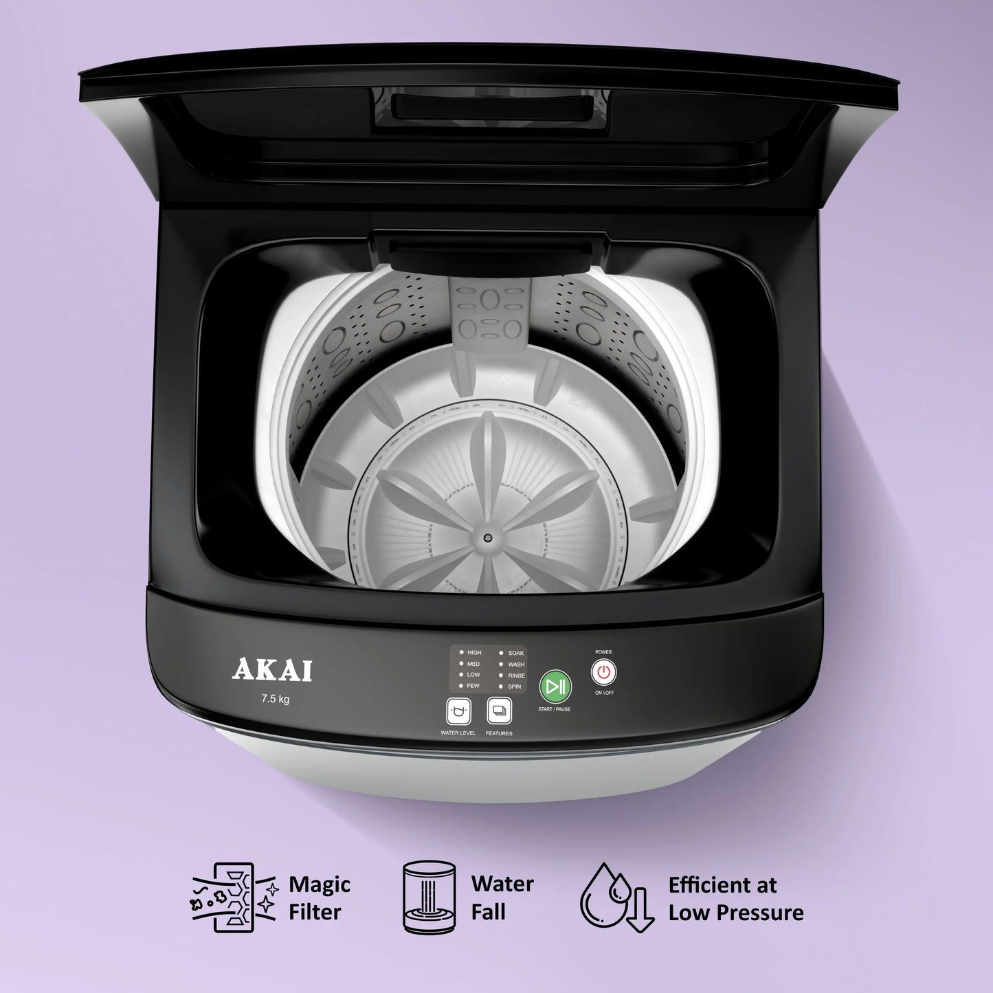 Akai 7.5Kg, 5 Star, Fully Automatic Top Load Washing Machine, Plastic Lid, Inox Grey, AFT-75DGPP