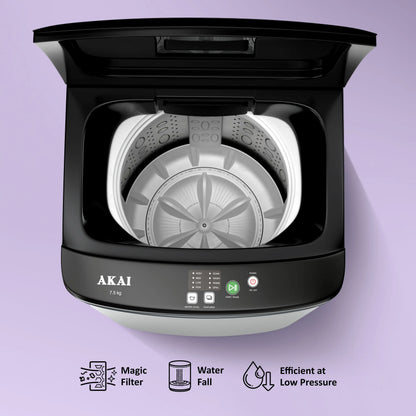 Akai 7.5Kg, 5 Star, Fully Automatic Top Load Washing Machine, Plastic Lid, Inox Grey, AFT-75DGPP