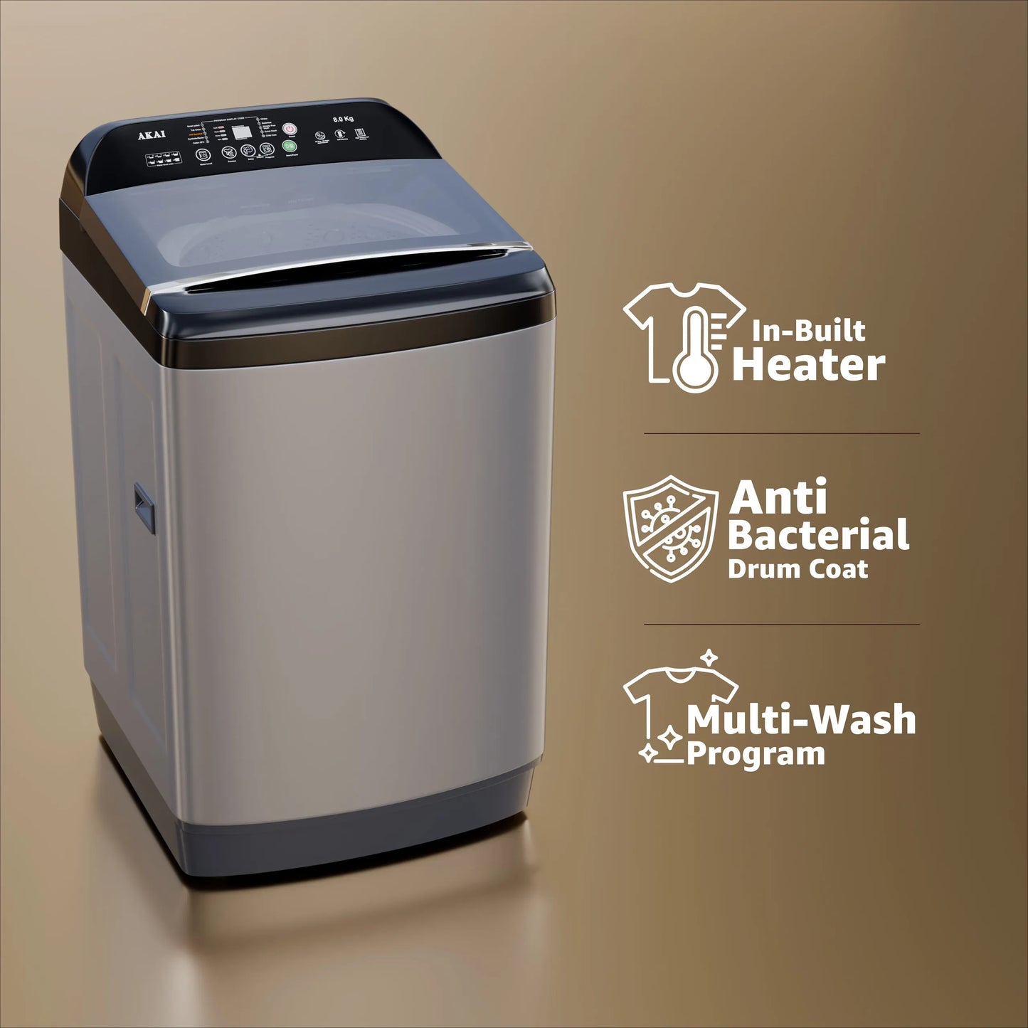 Akai 8Kg, 5 Star, Fully Automatic Top Load Washing Machine with In-Built Heater , Glass Lid, Inox Grey, AFT-80DGG-H