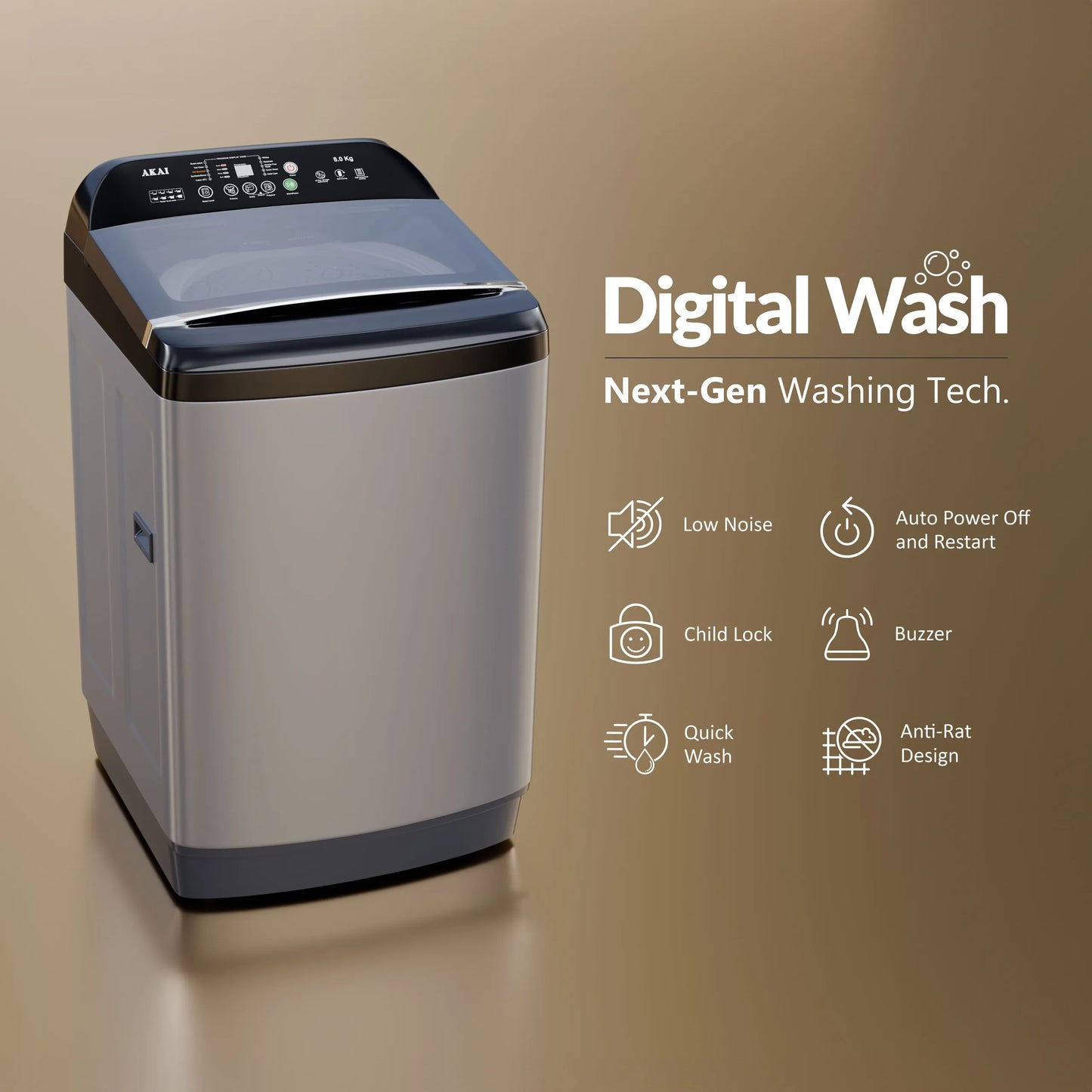 Akai 8Kg, 5 Star, Fully Automatic Top Load Washing Machine with In-Built Heater , Glass Lid, Inox Grey, AFT-80DGG-H