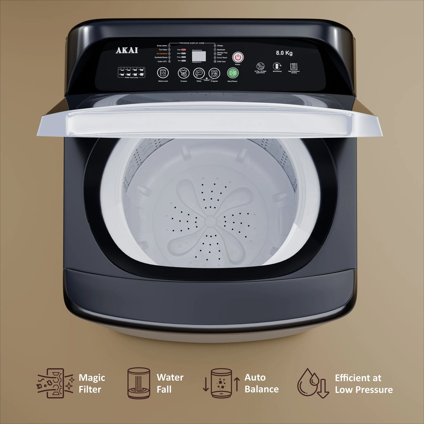 Akai 8Kg, 5 Star, Fully Automatic Top Load Washing Machine with In-Built Heater , Glass Lid, Inox Grey, AFT-80DGG-H