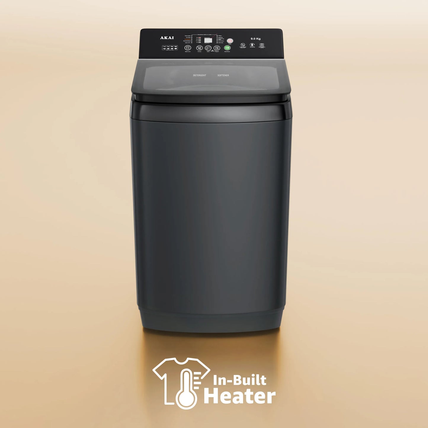 Akai 9Kg, 5 Star, Fully Automatic Top Load Washing Machine with In-Built Heater, Glass Lid, Mid Black, AFT-90DBG-H