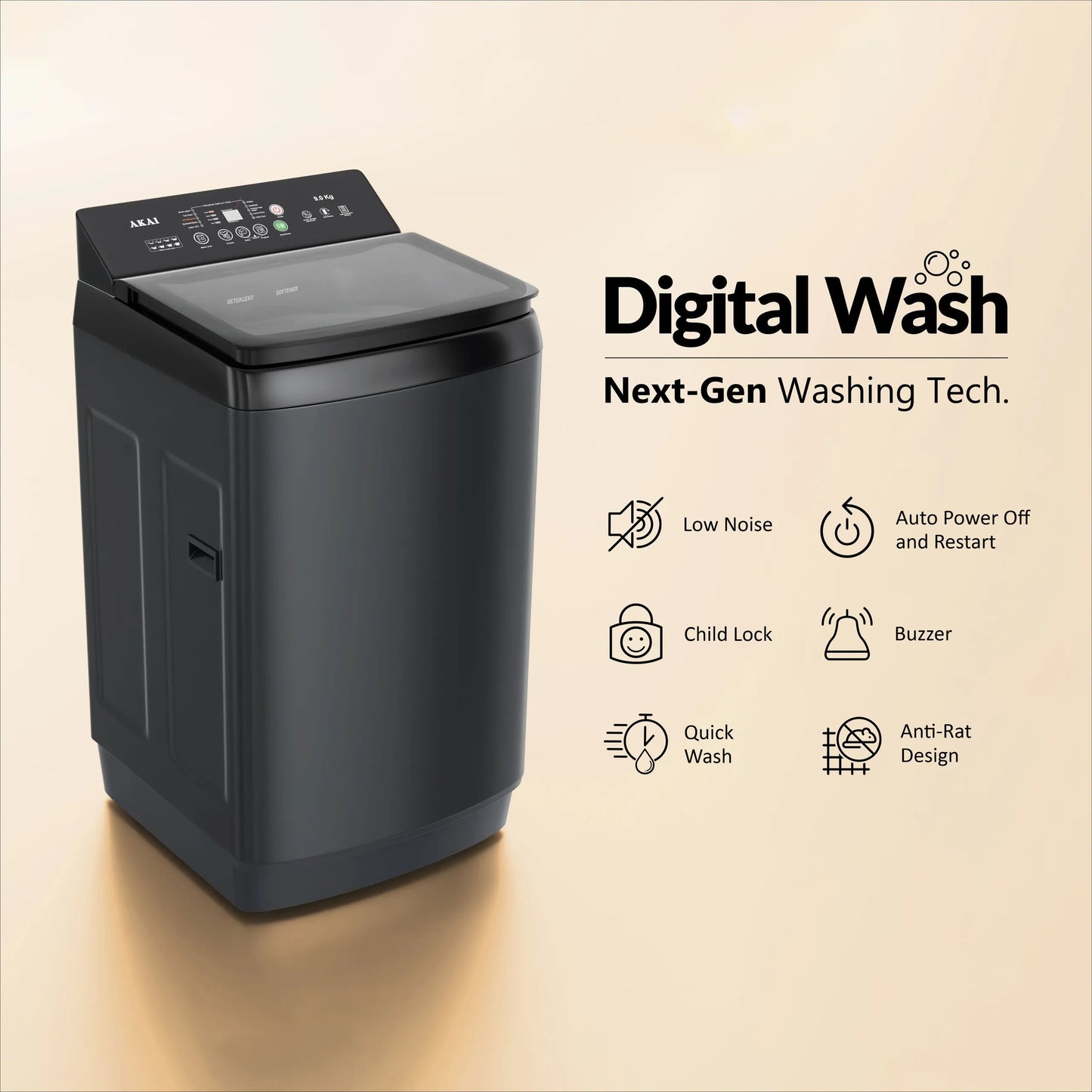 Akai 9Kg, 5 Star, Fully Automatic Top Load Washing Machine with In-Built Heater, Glass Lid, Mid Black, AFT-90DBG-H