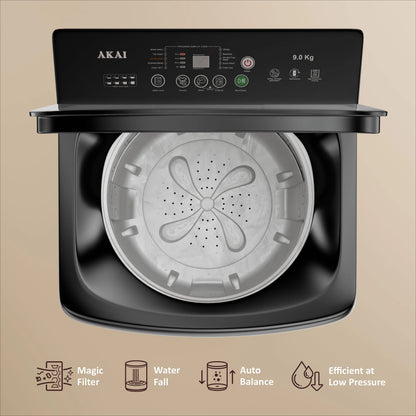 Akai 9Kg, 5 Star, Fully Automatic Top Load Washing Machine with In-Built Heater, Glass Lid, Mid Black, AFT-90DBG-H