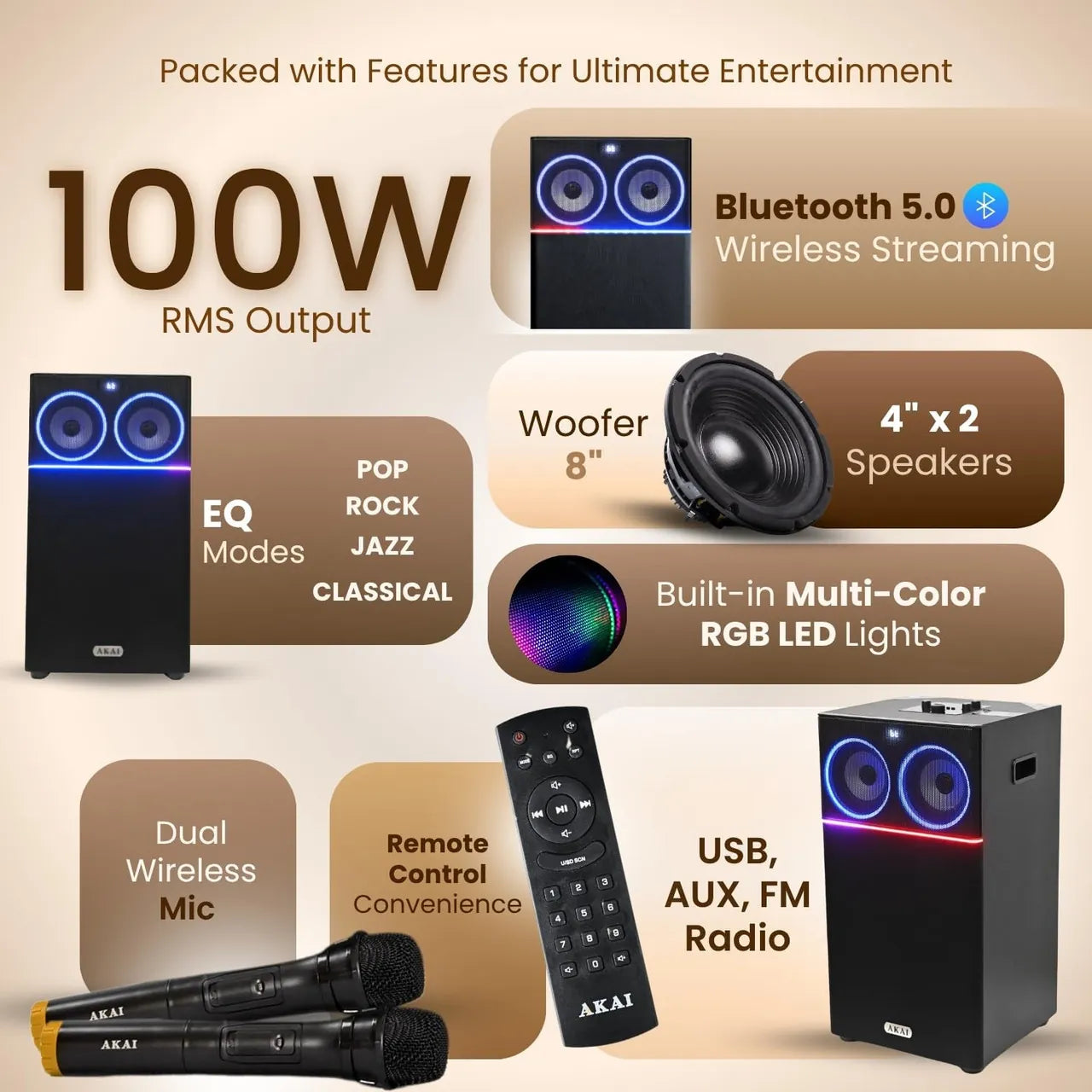 AKAI UltraBoom-100 Bluetooth Party Speaker with Dual Wireless Mic |100W RMS | 8'' Woofer | Karaoke | RGB LED Lights | Digital Display | FM