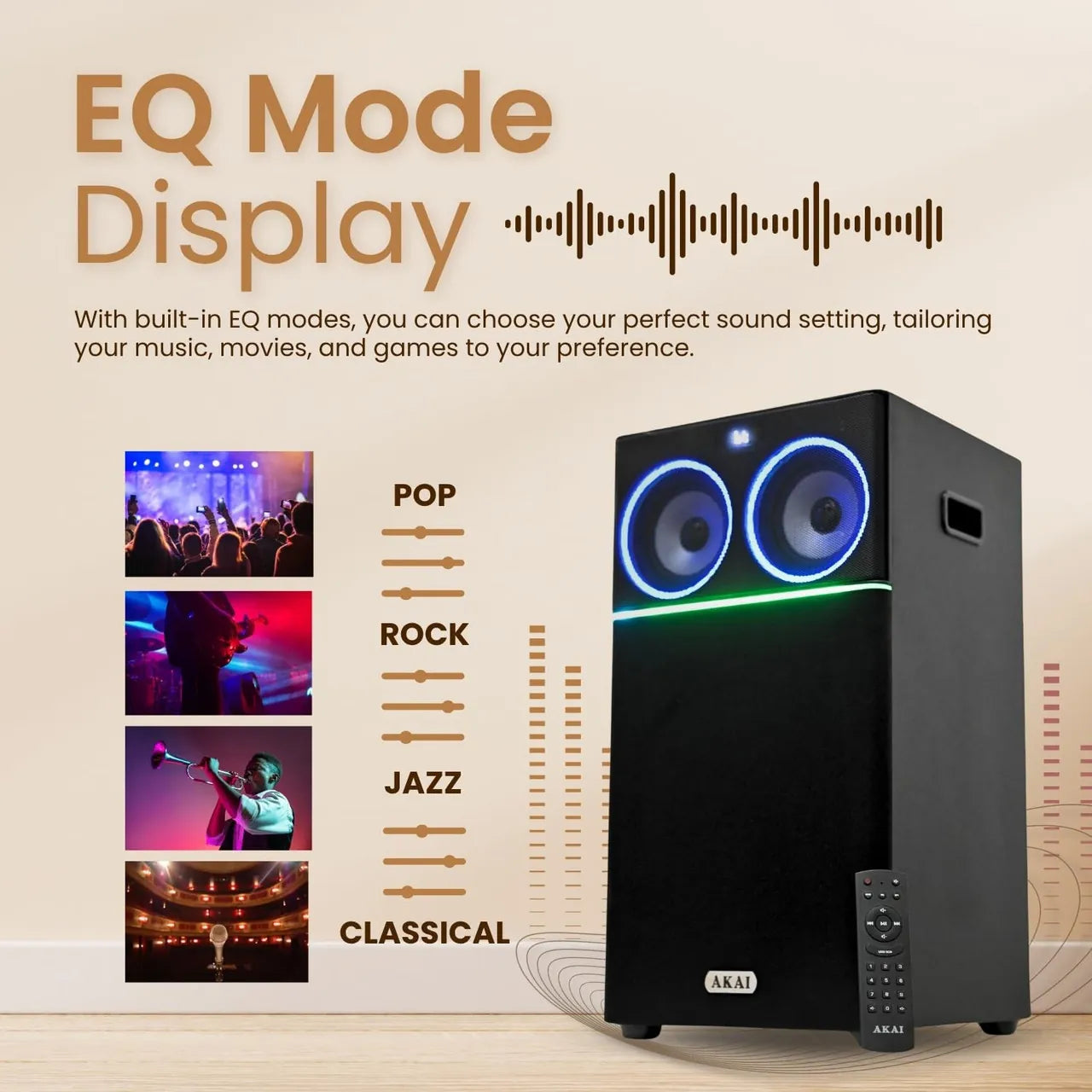 AKAI UltraBoom-100 Bluetooth Party Speaker with Dual Wireless Mic |100W RMS | 8'' Woofer | Karaoke | RGB LED Lights | Digital Display | FM