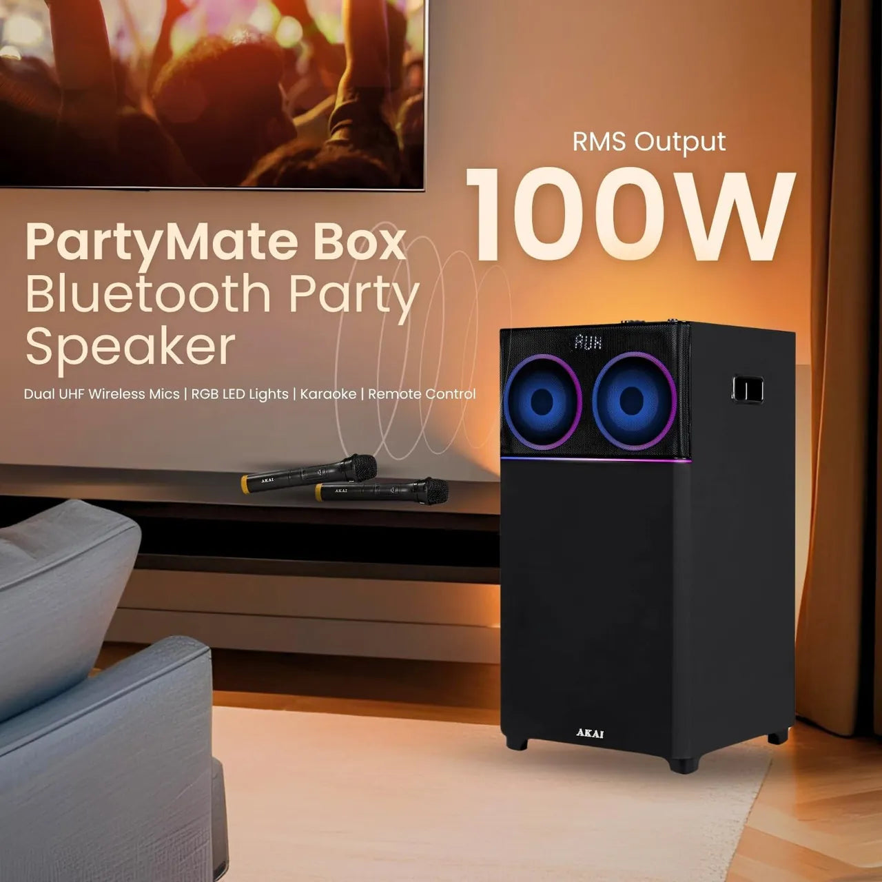 AKAI UltraBoom-100 Bluetooth Party Speaker with Dual Wireless Mic |100W RMS | 8'' Woofer | Karaoke | RGB LED Lights | Digital Display | FM
